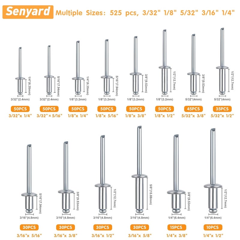 Senyard 525 Pcs pop Rivets, Pop Rivets Assortment Kit, Aluminum Rivets kit, Pop Rivet Set Including (3/32" 1/8" 5/32" 3/16" 1/4"), Assorted Blind Rivets for Metal Dome Head Rivet kit - Image 3